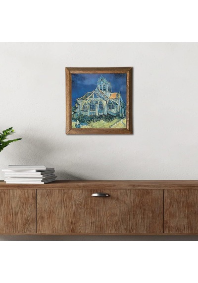 Pinecone Vincent Van Gogh Auvers'deki Kilise Taş Duvar Tablosu - Ahşap Çerçeveli Taş Tablo - 25x25 Cm - Dekoratif Duvar Sanatı - Modern Ev Ve Ofis Duvar Dekoru W1-289