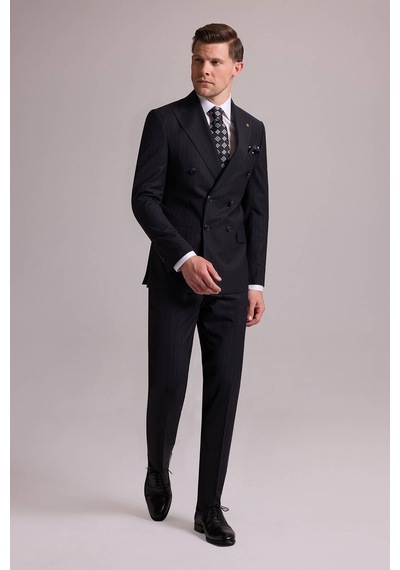 Erkek Siyah Slim Fit Çizgili Kruvaze Yün Takım Elbise
