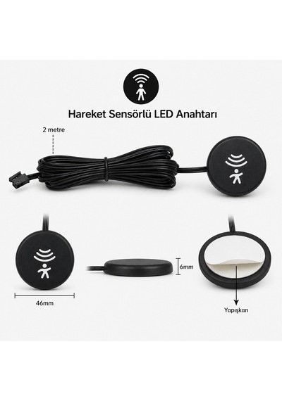 Hareket Sensörlü Led Anahtarı 12v-24v Dc Panel Arkası Gizli İnsan Algılama Sensörü Ayrı Kontrol Dupont Bağlantılı Dolap Mobilya Led Sensör Anahtarı Siyah