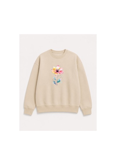 Herkesemoda Çiçek Baskı Detaylı Bisiklet Yaka Şardonlu 2 İplik Sweatshirt Bej