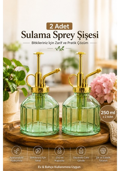 Perotti 15733 2li Yeşil Vintage Cam Bitki Sulama Şişesi Sulama Ka