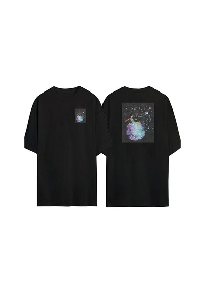 Thewert Unisex Küçük Prens Suluboya Ön Arka Baskılı Sıyah Oversize T-shirt Siyah