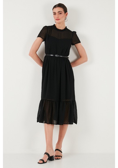 Lela A Kesim Regular Fit Astarlı Midi Boy Kemerli Bayan Elbise 6781937 Siyah