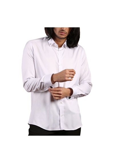 Dicotto Beyaz Düğmeli Yaka Ve Zincirli Uzun Kol Dar Kesim Micro Kumaş Kol Düğmeli Slim Fit Erkek Gömlek - 198-1 001