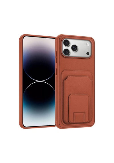 Apple İphone 17 Pro Max Uyumlu Kılıf Flexstand Kartlıklı Silikon Kılıf Kahverengi
