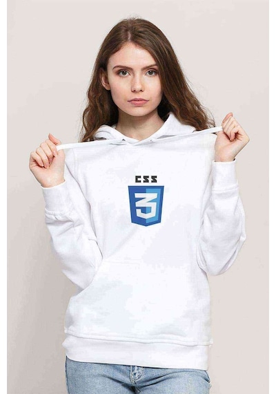 Css Baskılı Beyaz Kadın Kapşonlu Sweatshirt