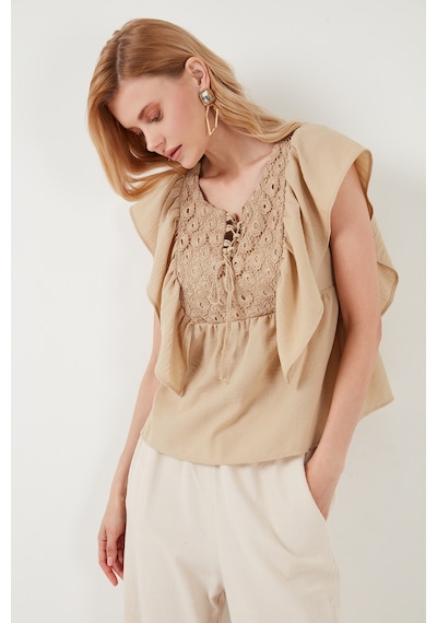 Lela Regular Fit Önden Bağlamalı Volanlı Bayan Bluz 611Fb20064 Taş