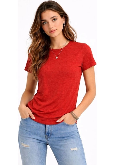Kadın Flam Kumaş Melanj Dokulu Regular Fit Tişört Bisiklet Yaka Yazlık T-shirt - Kiremit