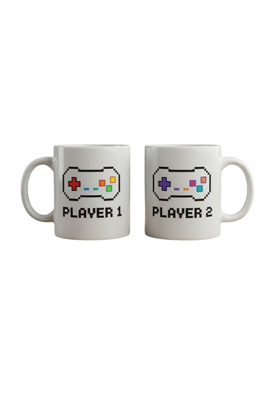 Player 1 Player 2 Oyun Temalı Çift Kupa Seti - Gamer Sevgili Arkadaş Kupası 2 Li Seramik Kupa Çok Renkli