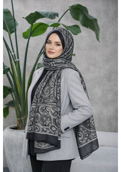 Eyfel Pamuklu Soft Özel Seri Şal Etnik & Çiçekli Desen, Orjinal, Tesettür Giyim, Yeni Koleksiyon Siyah - Gri