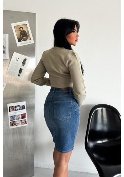 HLT Jeans Kadın Açık Mavi Yıkamalı Regular Fit Yüksek Bel Likralı Denim Kot Etek Alice-4003