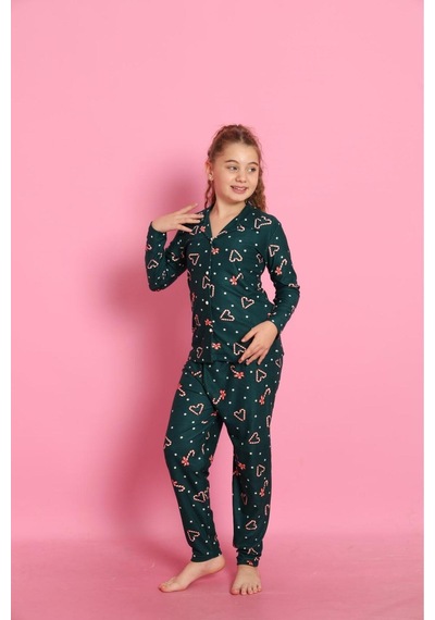 Free Beka Yılbaşı Desenli Uzun Kollu Önden Düğmeli Gömlek Yaka Anne Kız Pijama Takımı Yeşil