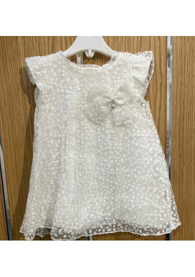 Lamato Baby Yazlık Müslin Nokta Desenli Tüllü Taşlı Damla Aksesuarlı Bebe Kız Elbise Ekru