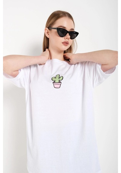 Startmore Kadın Beyaz Cactus Logo Baskılı Oversize T-shirt Beyaz