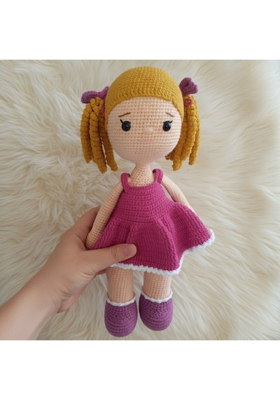 Amigurumi Kız Bebek El Yapımı %100 Pamuk 35 Cm Bej - Pembe