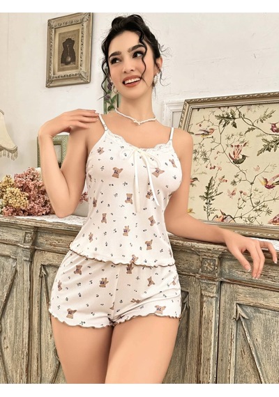 Motto10 Butik Kadın Ayıcık Desenli Şortlu Pijama Takım 5179 Ekru