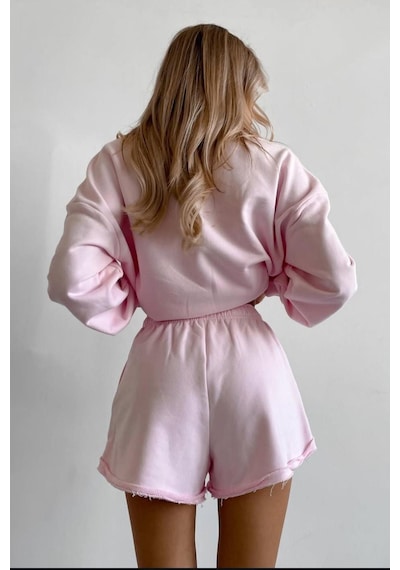 Madmext Pembe Polo Yaka Kadın Şort Sweatshirt Takım Mg2375