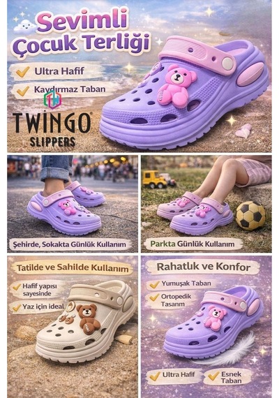 Twingo Çocuk Emojili Cross Ortopedik Günlük Terlik Unisex Mor