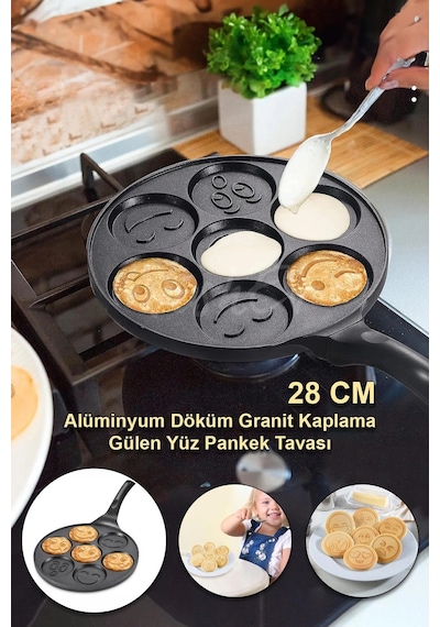 Emoji Yüzlü Granit Kaplama Özel Tasarım Pankek Tavası 28 Cm Premium Döküm Diğer
