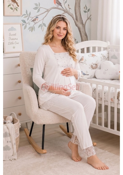 Lady Ekru Renkli, Dantel Detaylı, 33203 Uzun Kol, 2 Parça Lohusa Hamile Pijama Takımı