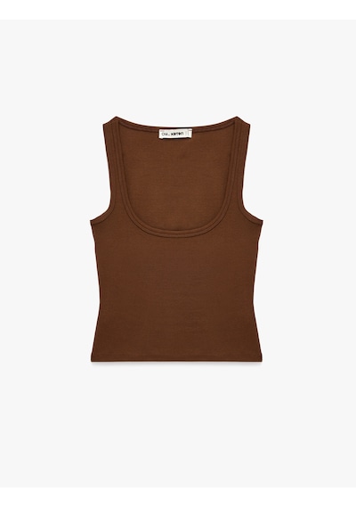 Koton Modal Karışımlı Slim Fit Kare Yaka Kolsuz Bluz Kahverengi 6sal30332ık Kahve