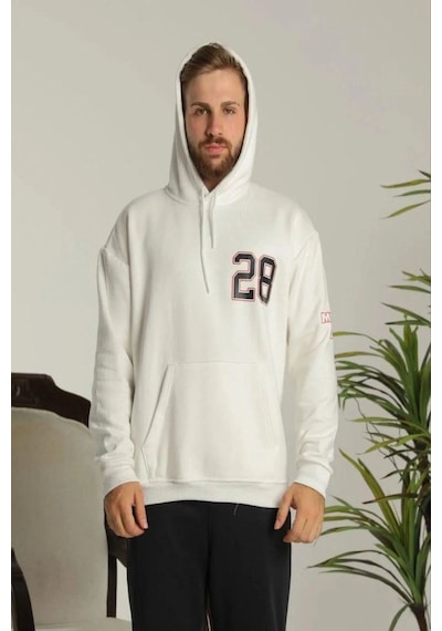 Erkek 3 İplik Pamuklu Kapüşonlu Baskılı Cepli Oversize Sweatshirt Hoodie - Beyaz