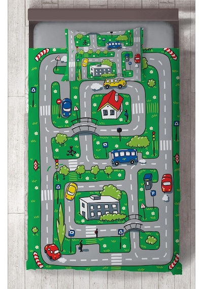 Mekta Home Bebek Ve Çocuk Odası Şehir Ve Yol Desenli Yeşil Yatak Örtüsü Renkli
