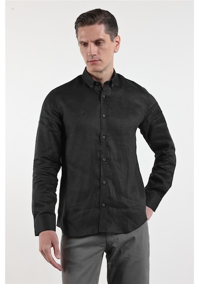 İmza Siyah Keten Düğmeli Yaka Uzun Kol Cepsiz Slim Fit Keten Gömlek 1004260161 XL