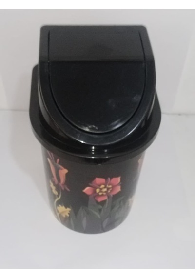 24x13 Cm Ebatınta 3lt Klick Kapaklı Siyah Çiçek Desenli Lüks Şık Çöp Kovası