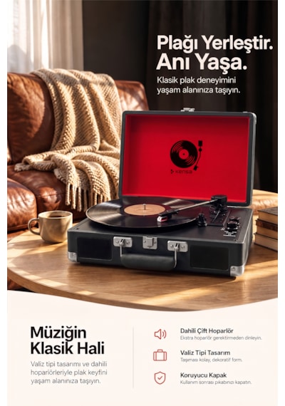Kensa Bluetooth Lu Nostaljik Çantalı Pikap 33/45/78 Devir Dahili Bataryalı Plak Çalar Siyah
