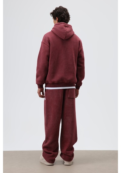 Vamos Basic Oversize Yıkamalı Hoodie Bordo