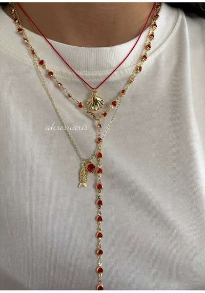 3'lü Kadın Gold Charm Kırmızı Kalp Dekolte Kolye Kombin Altın Altın