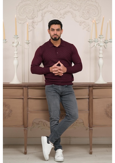Woolen World Polo Yaka Slimfit Desenli Yünlü Erkek Triko Kazak Bordo