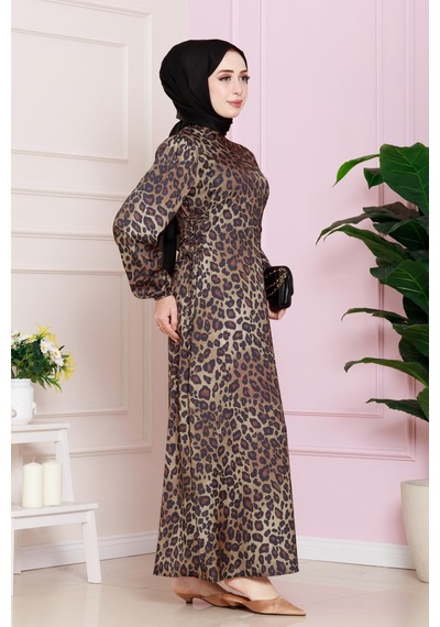 Yanı Bağcıklı Leopar Desenli Tesettür Abiye-kahverengi-4682
