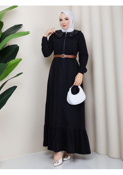 Hb Harma Time Butik Kadın Taş Detaylı Fermuarlı Kemerli Tesettür Kot Siyah Elbise Hb Harma Time Butik Kadın Taş Detaylı Fermuarlı Kemerli Tesettür Kot Siyah Elbise