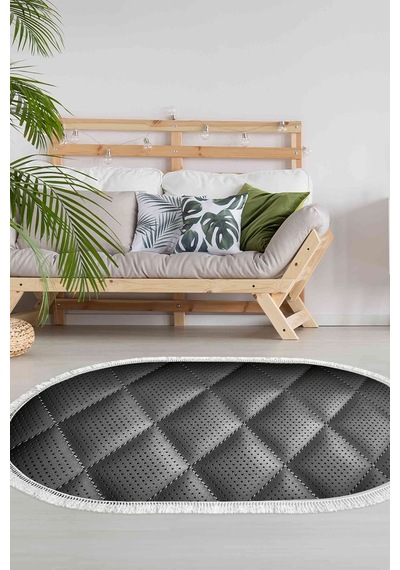 Kaymaz Dijital Mutfak & Salon Halı Trend Saçaklı Oval Geometrik E5013 Siyah