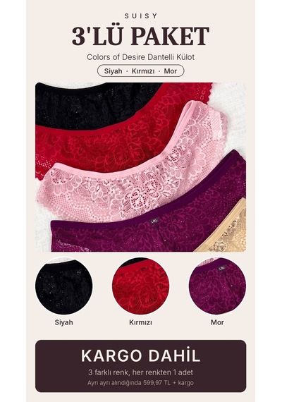 Suısy Colors Of Desire Dantelli Külot 3'lü Paket Siyah - Beyaz - Lacivert Çok Renkli
