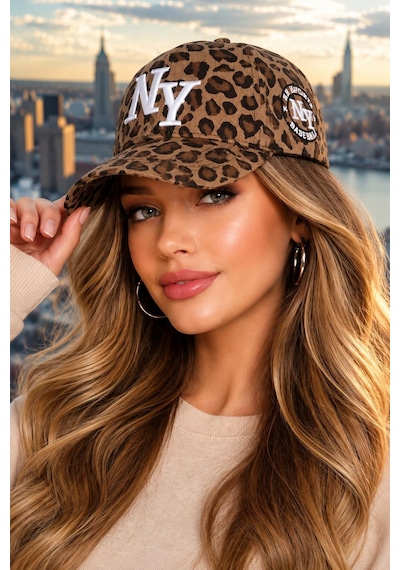 Valkyrie Koyu Leopar Desenli Ny Nakışlı Unisex Şapka Ayarlanabilir %100 Pamuk Spor Günlük Şapka Kahverengi