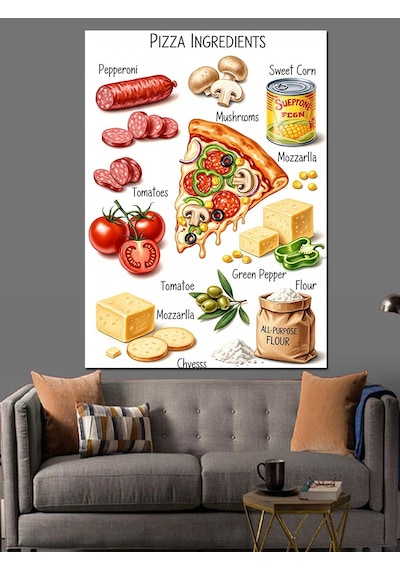 Ahşap Tablo Pizza Malzemeleri Gıda Kolajı