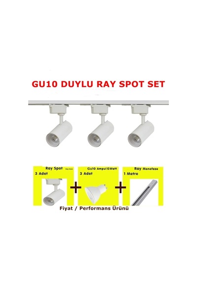 Mini Ray Spot 3'lü Set Gu-10 Duylu Beyaz Kasa Beyaz Işık 3 Spot Lamba + 1 Mt Ray + 3 Gün Işığı Gu10 Led Ampul