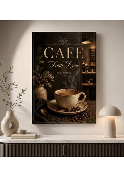 Bk Gift Cafe Kahve Fincanı Ve Kahve Çekirdekleri Vintage Kafe Temalı Kanvas Duvar Tablosu 50x70 Cm