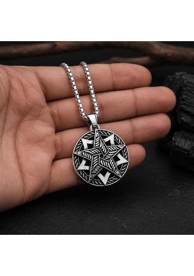 Antik Gümüş Antrasit Renk Paslanmaz Çelik Pentagram Yıldızı Kolye Metalik Gümüş