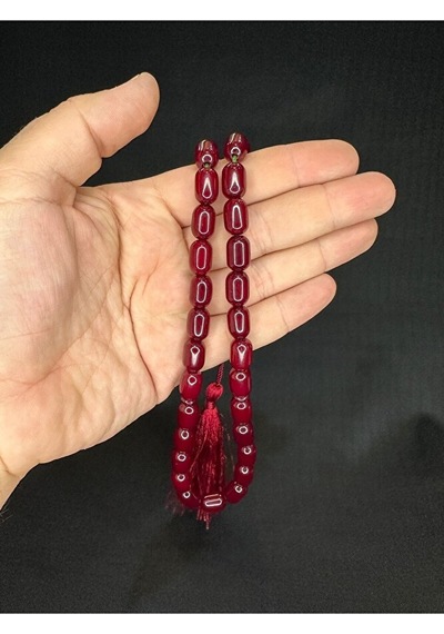 Çubuk Kehribar Tesbih Bordo Renk Kapsül Kesim 13mmx9mm T-602