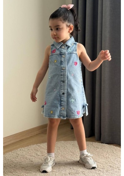 Boyboy Kidswear Kız Çocuk Çiçek Nakışlı Denim Elbise Mavi Kot Mavisi