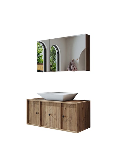 Lavabolu Mat Mdf 105 Cm Çekmeceli Dolap + Aynalı Üst Dolap Atl Atlantik Çam