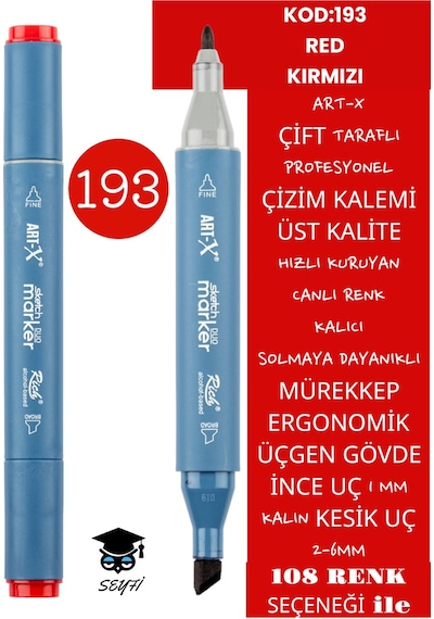 Çift Taraflı Profesyonel Çizim Kalemi Kalıcı Mürekkep Üçgen Gövde İnce Uç 1 Mm Kesik Uç 2-6mm Sketch 193-kırmızı