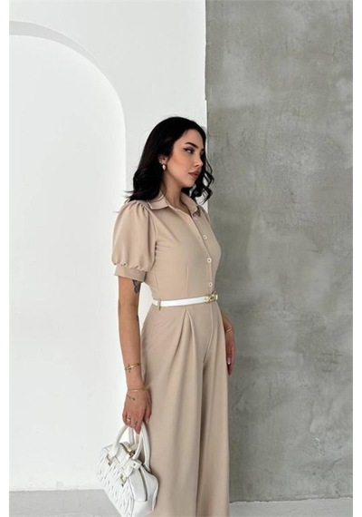 Neşeli Butik Kadın Bej Gömlek Yaka Kemerli Geniş Paça Tulum Nbk4197