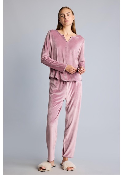 Defacto Regular Fit V Yaka Uzun Kollu 2li Velur Pijama Takımı A3356ax26aubr97 Bordo-br97