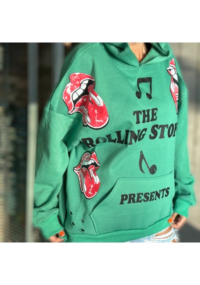 Yeşil Renk Üzeri Kırmızı Dil Desen Yazı Baskılı Oversize Sweatshirt Yeşil