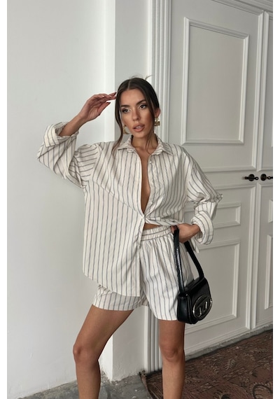Dogutrend Poplin Çizgili Gömlek - Şort Takım - Bej